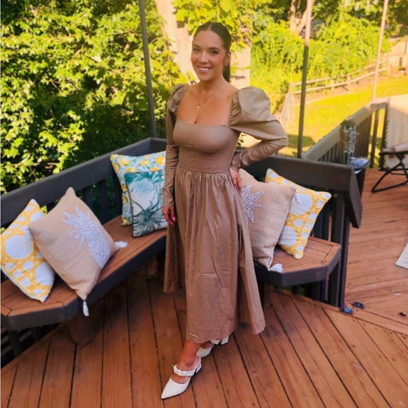 REFORMATION TAUPE PUFF SLEEVE PRINCESSCORE COTTAGECORE ROYALCORE MIDI DRESS - Picture 12 of 12